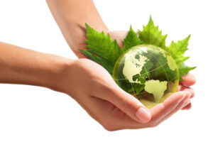 image of hands and plants and globe depicting sustainable energy