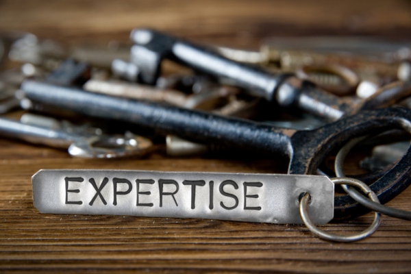 EXPERTISE word etched on metal on a keychain