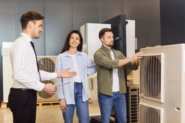 salesman showing a couple air conditioner options