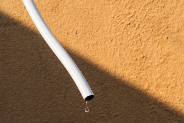 water dripping from a white hose depicting condensate drain line