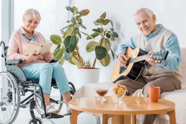 senior couple lounging in the living room