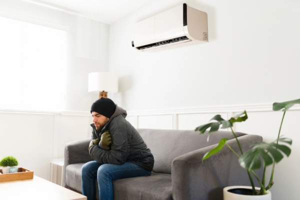 man on full winter outfit feeling cold indoors